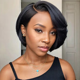 Ronashow Pixie Short Straight Wig Side Part 13*4*1 Lace Front Natural Black L Part Human Hair 8 Inch
